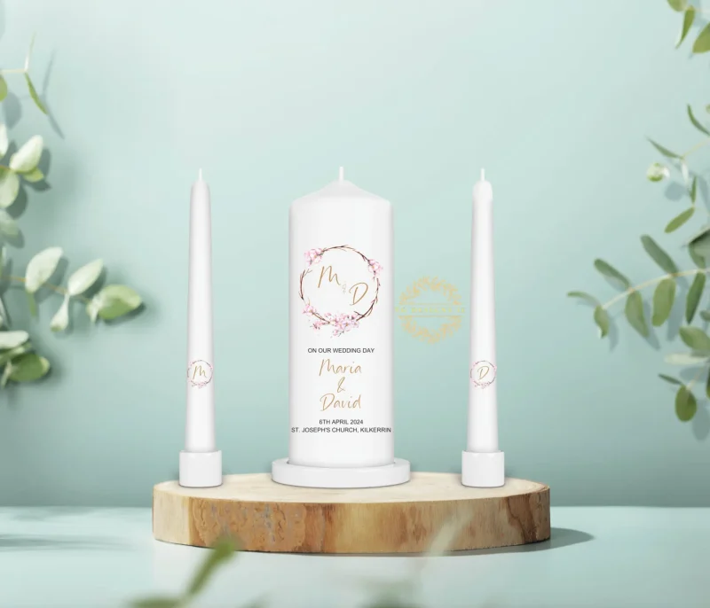 Personalised Wedding Candles in Ireland with cherry blossom design