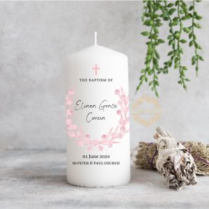 Personalized Pink Floral Baptism Candle - Custom Christening Candle for Baby Girl