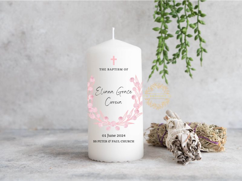 Personalized Pink Floral Baptism Candle - Custom Christening Candle for Baby Girl